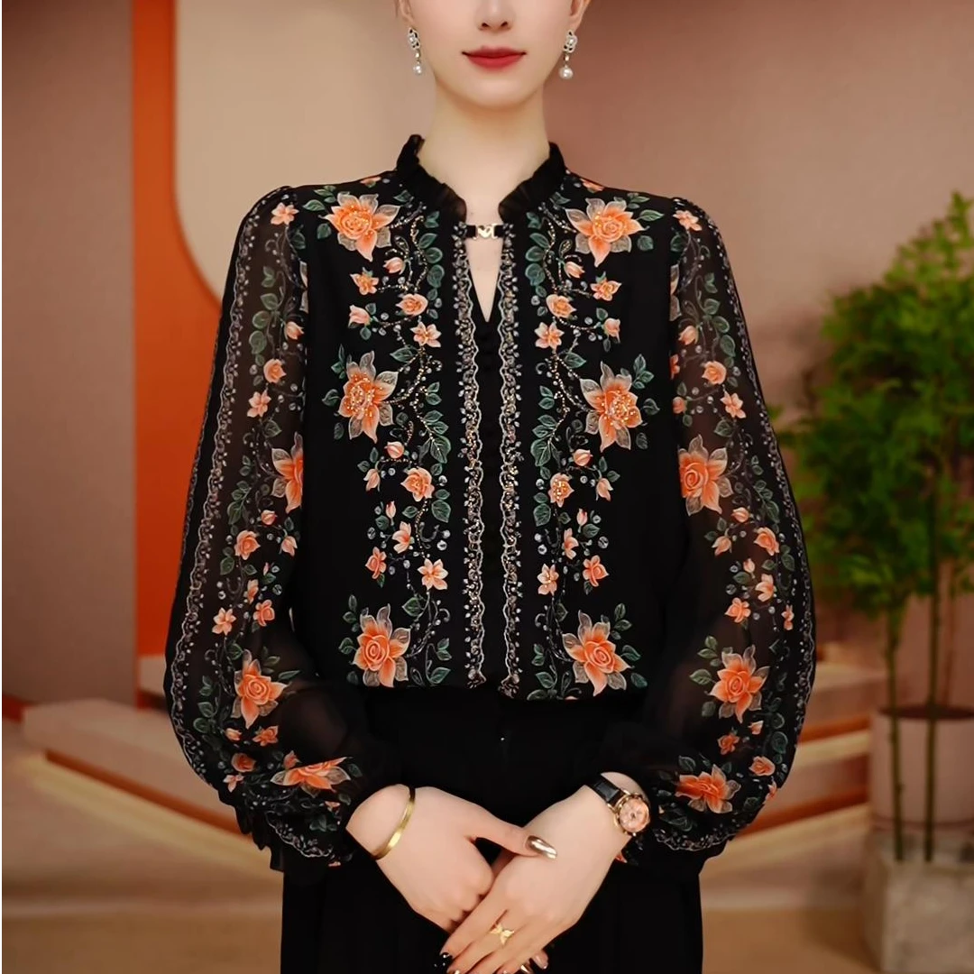 初凰 新款琉璃双皱丝洋气时尚百搭显瘦休闲气质印花女士长袖上衣