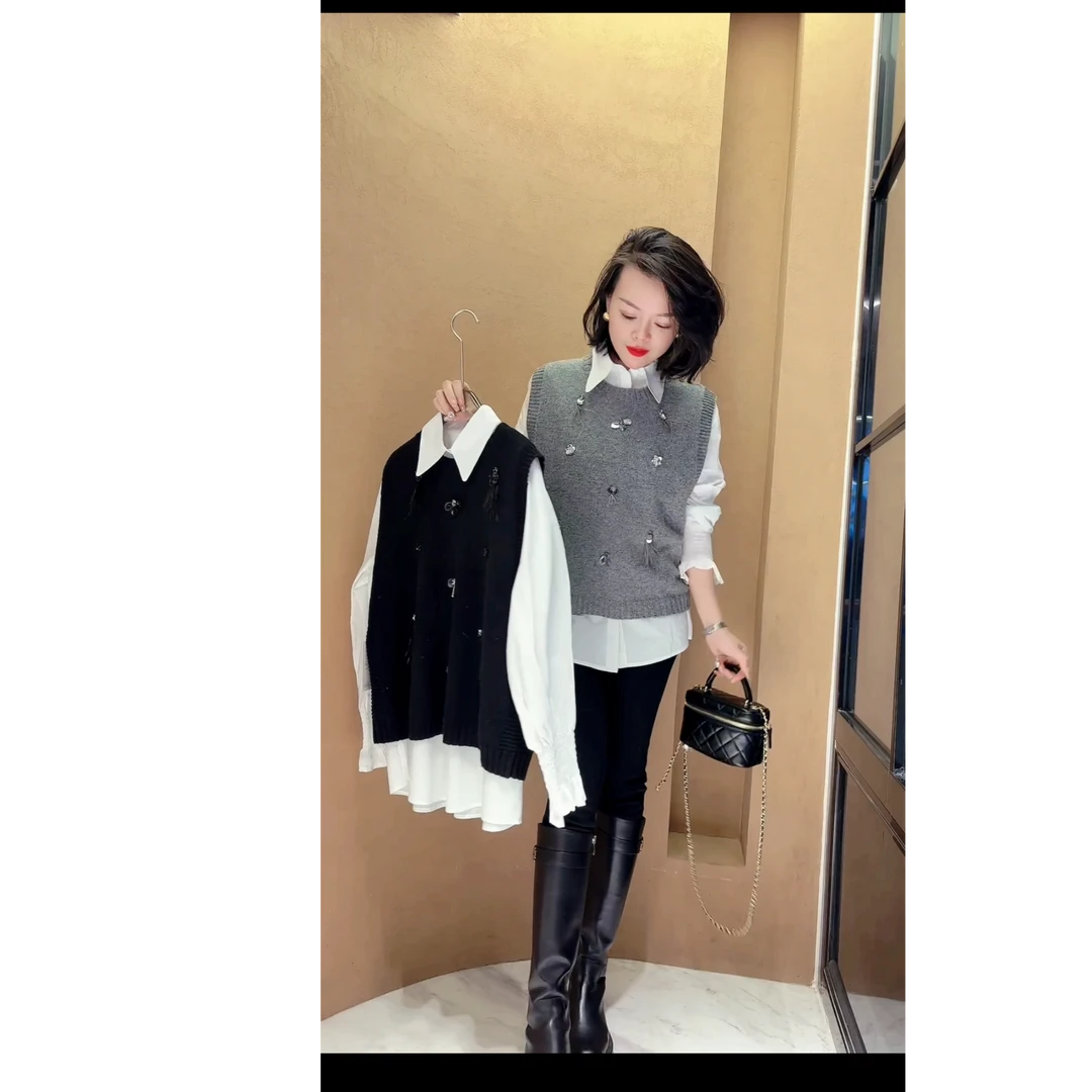 【小韩家】欧货24冬季重工亮片羊毛针织马甲背心衬衫两件套