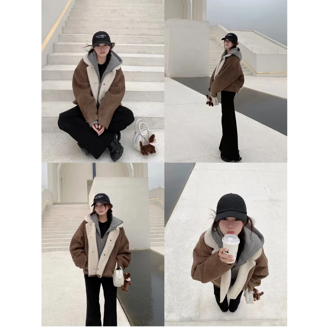 美式复古棕色秋冬皮毛一体外套仿麂皮绒露思同款穿搭冬日#W49301