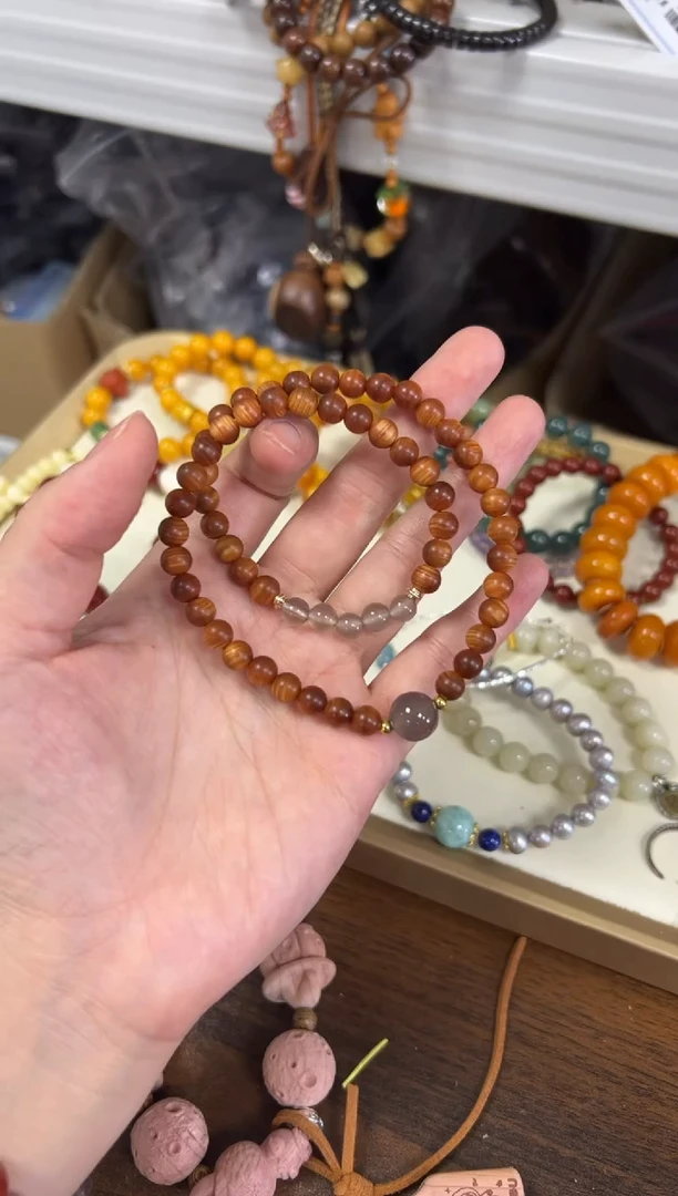 未镶嵌柏木（崖柏）手串红油崖柏玛瑙珠双圈手链[1063]