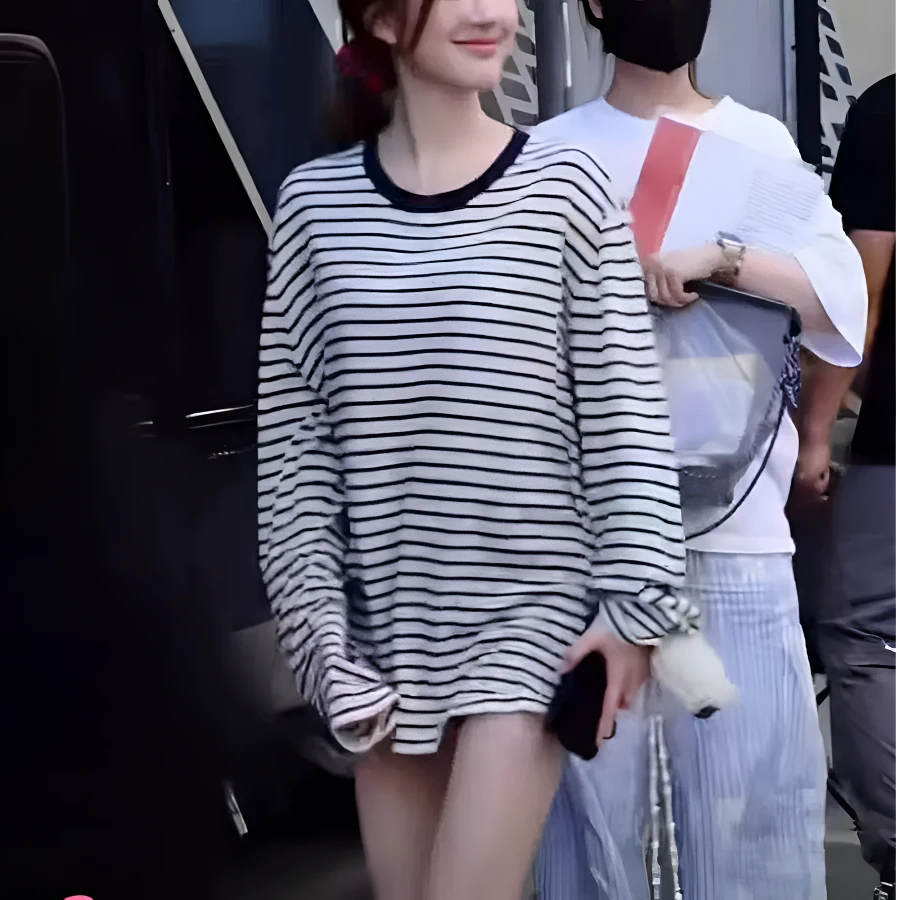 露思 同款宽松时尚休闲条纹T恤慵懒风长袖女士圆领中长款上衣