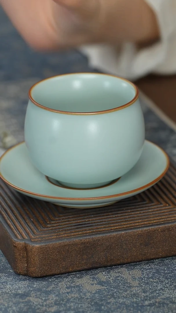 【天青】【汝窑圆圆杯+碟】【13西泠礼盒】