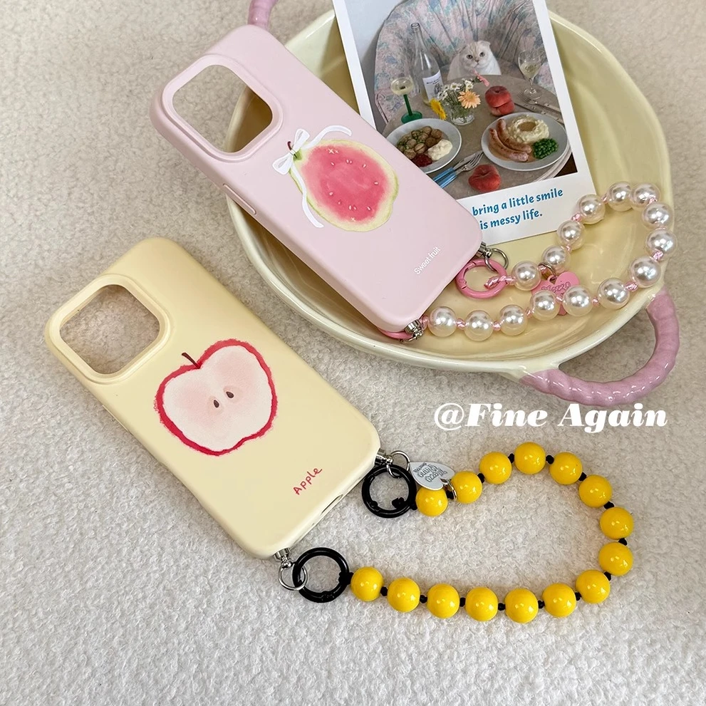 甜美少女心奶油黄苹果核手提链条手机壳适用iPhone16promax苹果15