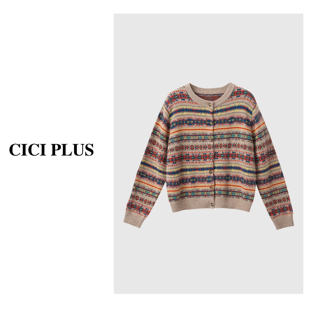 【CICI PLUS】2025秋冬"绵羊毛“费尔岛提花设计师复古毛织衫25C6381