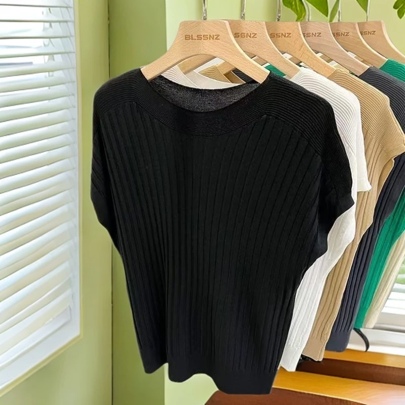 宽松夏季拼接一字领短袖毛针织衫设计感Y3K千金风