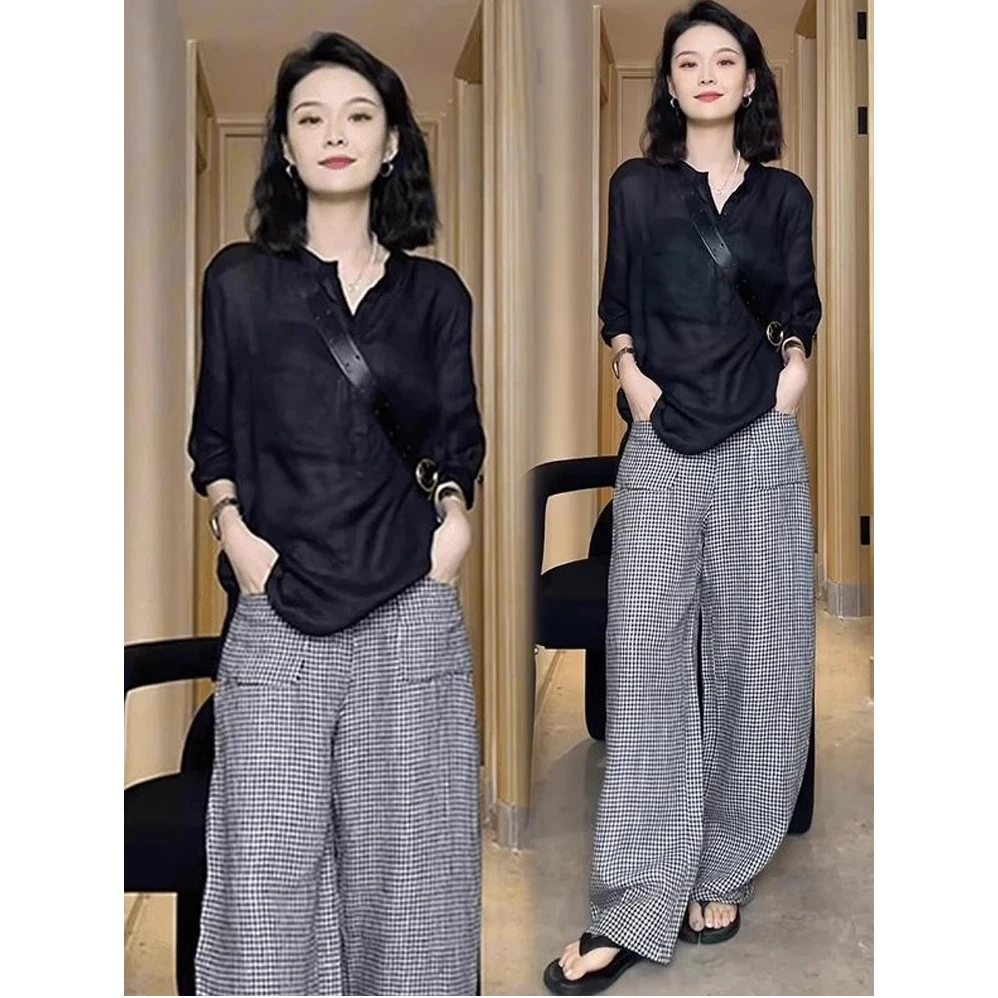 时尚套装女2025夏季新款时髦洋气宽松防晒衬衫格子阔腿裤两件套潮