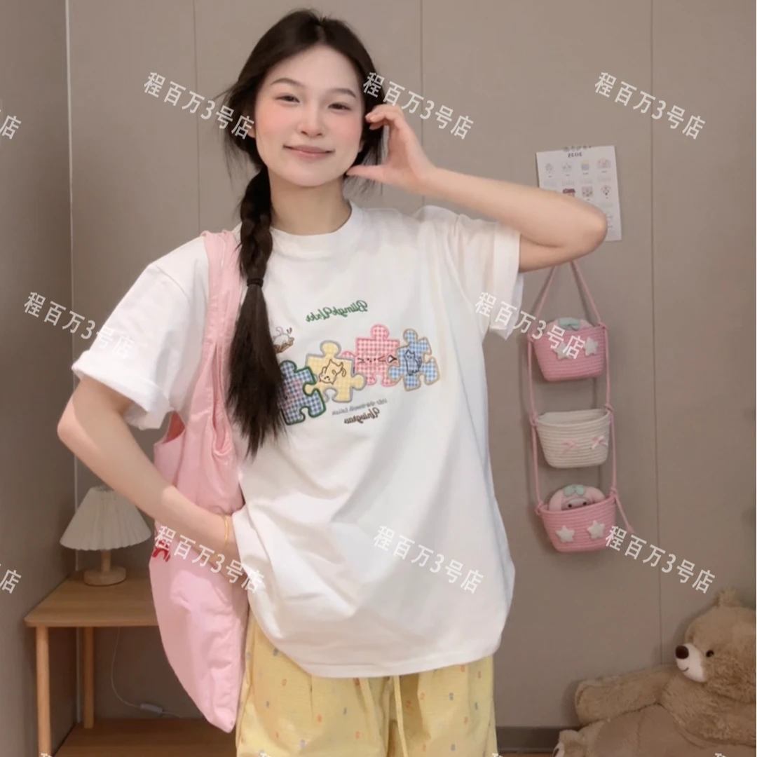 2025夏季新款拼图猫咪贴布绣设计感纯棉短袖慵懒百搭上衣#MJ0235