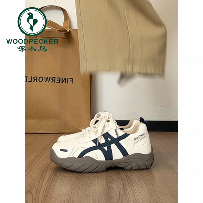 啄木鸟小众德训鞋女2025新款爆款鞋子秋季厚底休闲阿甘运动小白鞋