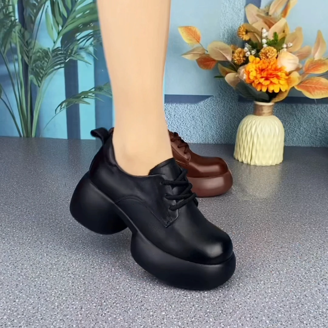 头层牛皮厚底单鞋春秋新款纯牛皮松糕底舒适系带深口单鞋RY9898