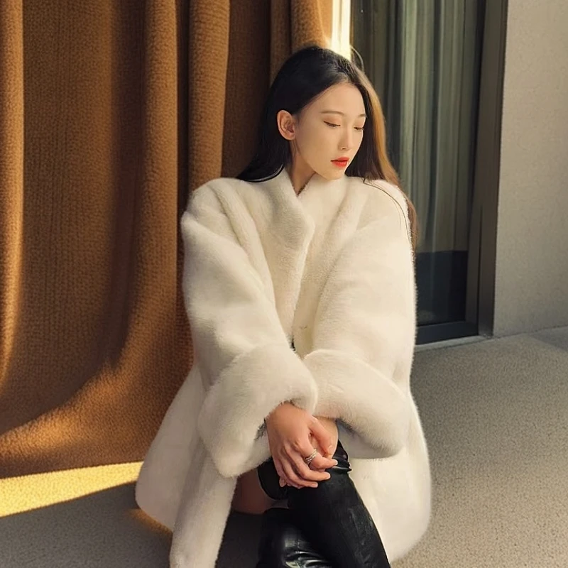 【宁一】新款设计师高版挽袖气质优雅欧貂绒毛毛冬季保暖厚立领外套