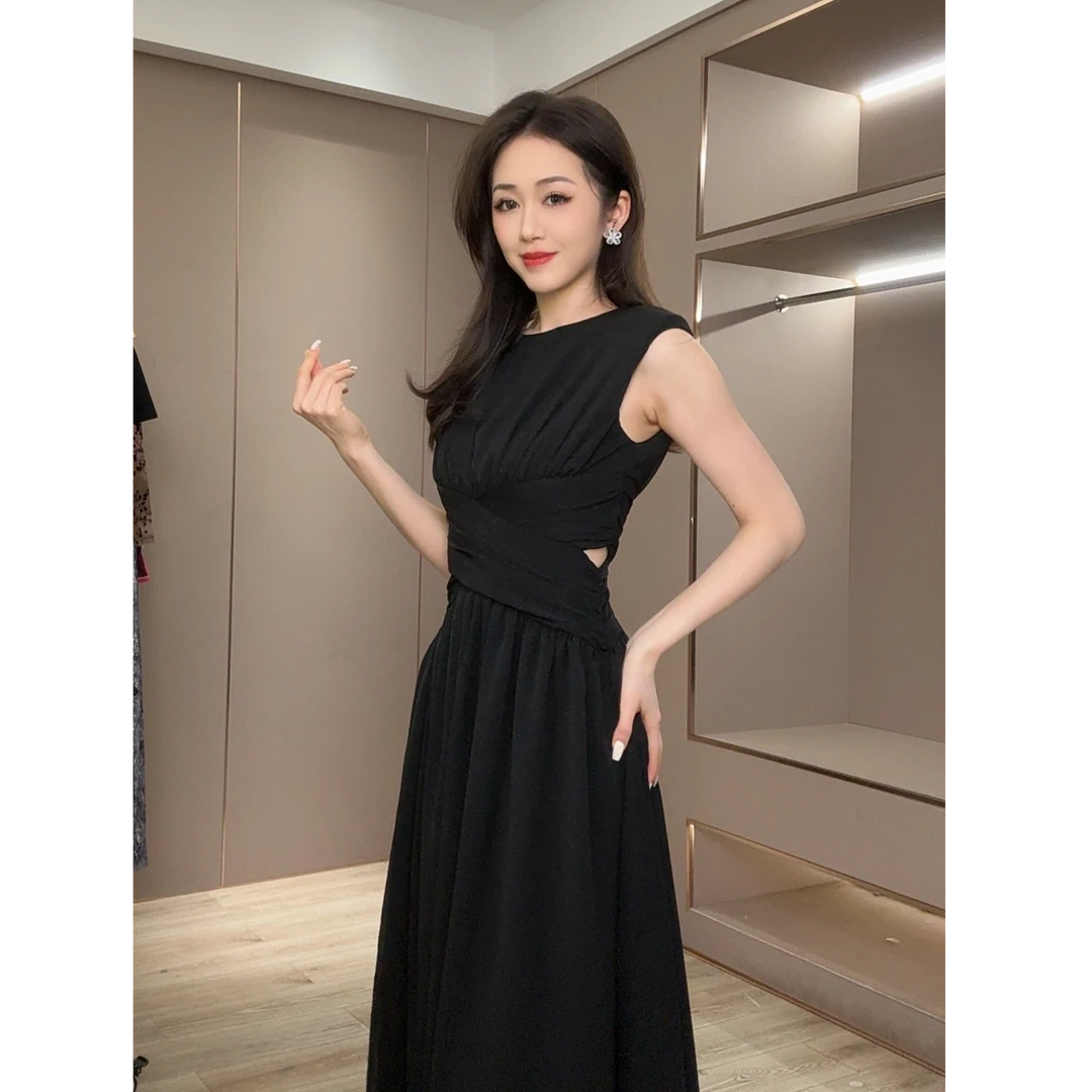 无袖黑色裙子气质法式夏季小黑裙修身 9886