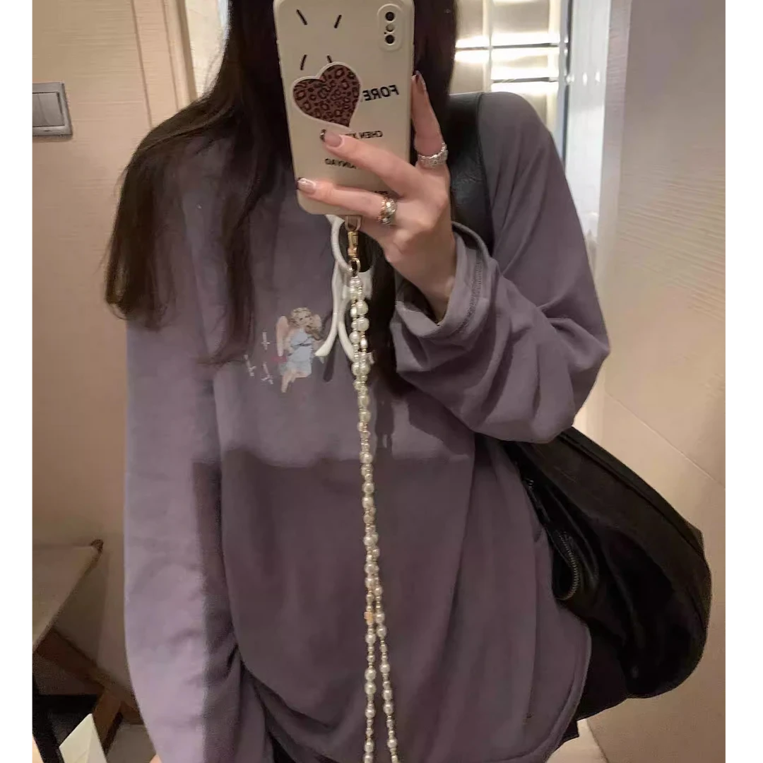 高端货~天使印花大版圆领长袖T恤女宽松慵懒百搭上衣轻薄防晒罩衫