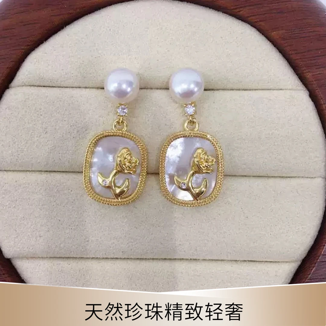 天然淡水珍珠耳钉耳环白色百搭油画玫瑰7128珍珠耳环