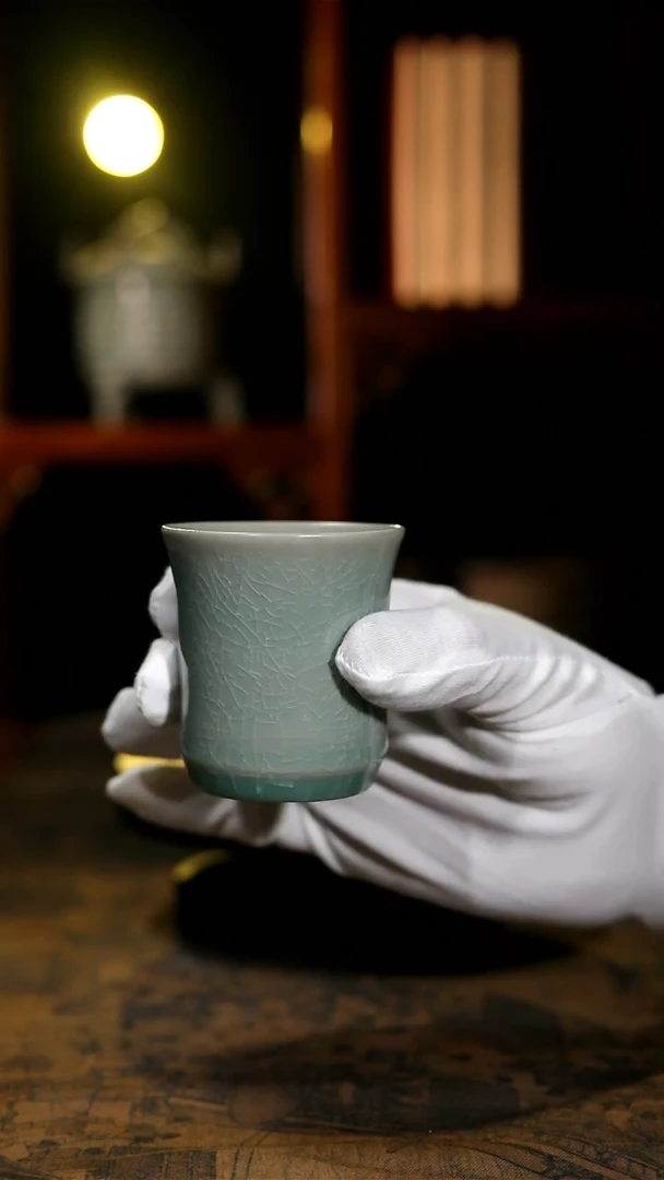 杯复烧收藏级青绿釉竹笙杯