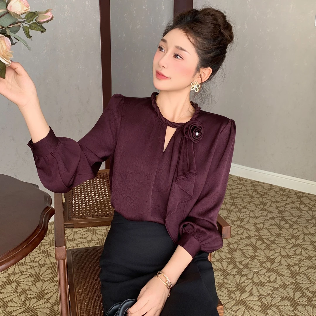 轻熟风盘花长袖法式衬衫显瘦百搭肌理纹衬衣