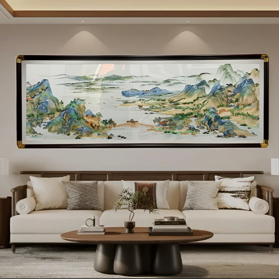千里江山图织锦绣客厅沙发背景墙装饰画新中式山水壁画