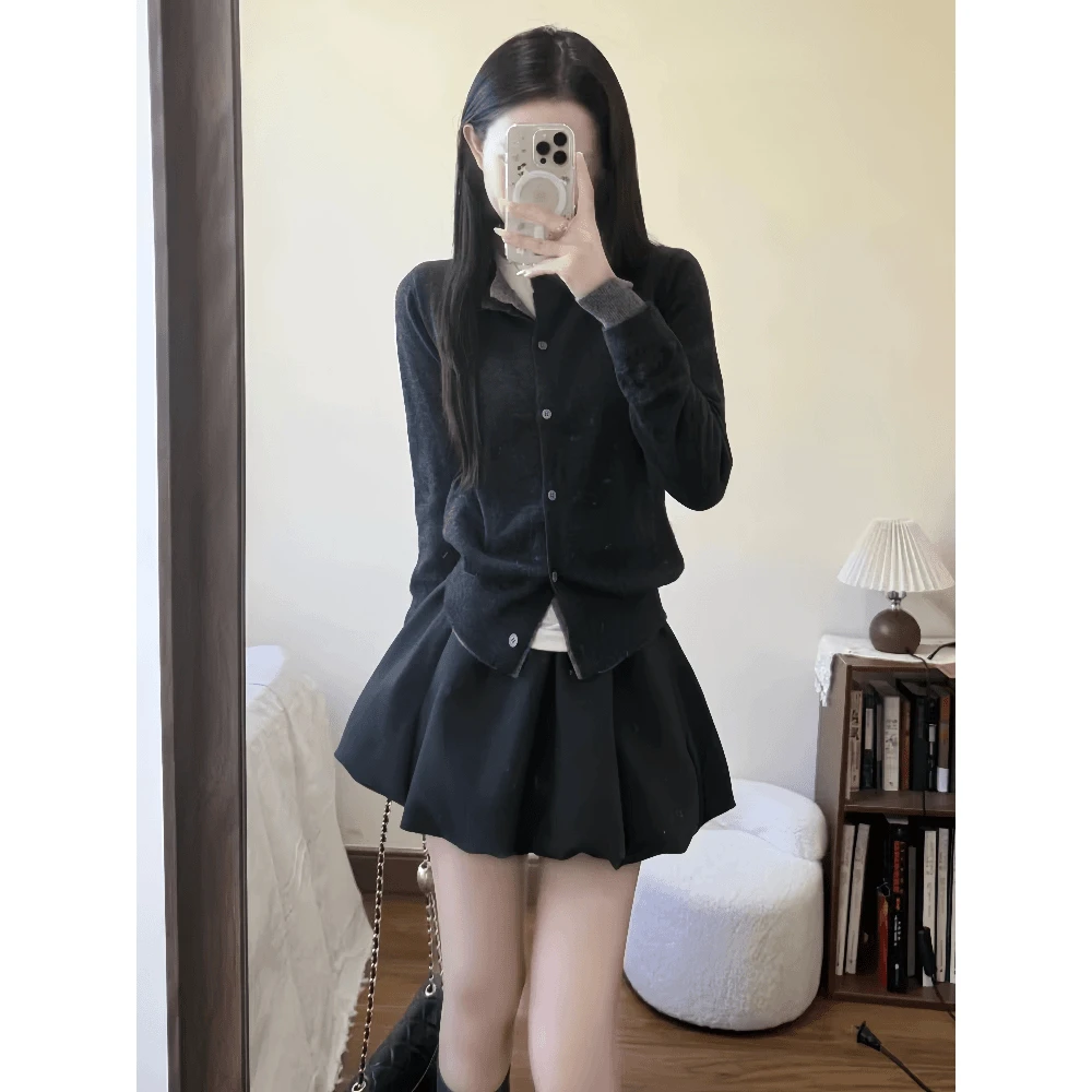 假两件针织衫女款开衫2025上衣设计感秋季拼接毛衣外套高腰半身裙