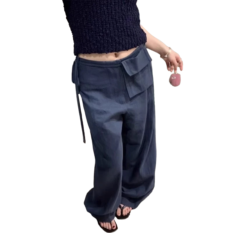 简直好看到炸！宽松慵懒休闲裤女设计感绑带腰包藏青色直筒阔腿裤