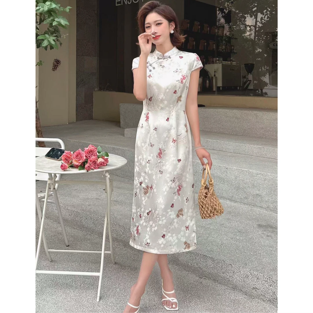 B78599 新中式长款提花旗袍连衣裙国风温柔白花蝶恋K1829