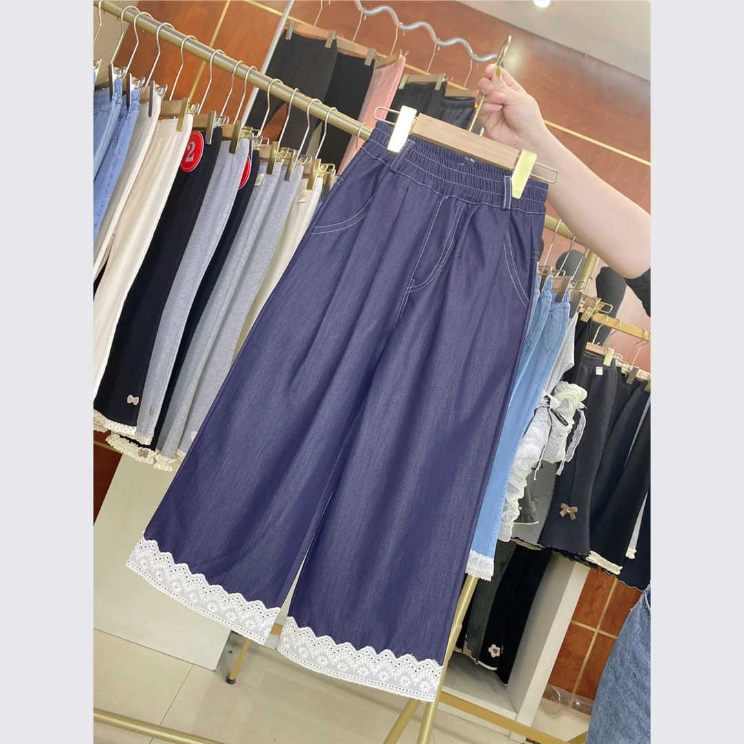 女童阔腿裤夏季薄款直筒裤宝宝九分裤儿童裤子抖抖裤牛仔蓝色洋气