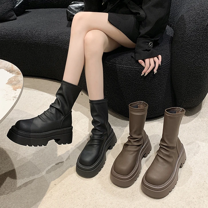 小个子厚底褶皱堆堆靴女2025秋季新款后拉链马丁靴英伦风瘦瘦短靴