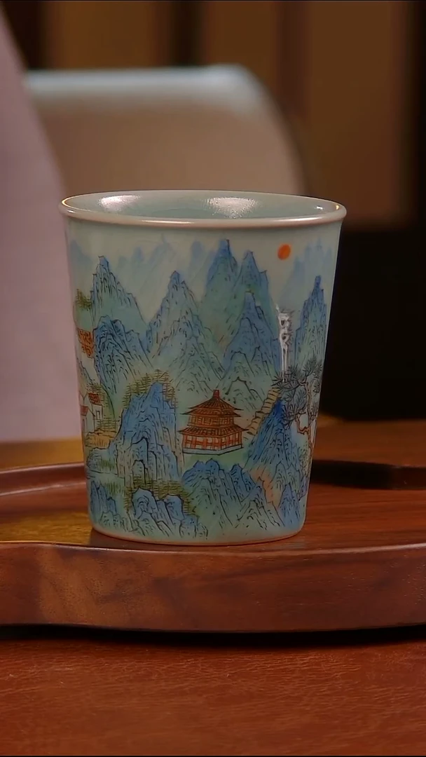 瓷片千里江山彩绘可乐杯-带白点