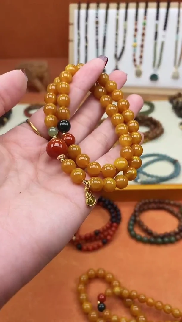 手链蜜蜡未镶嵌双圈蜜蜡和田南红手串