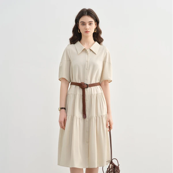 大码女装休闲通勤翻领衬衫裙收腰显瘦时尚A字裙25DS82616