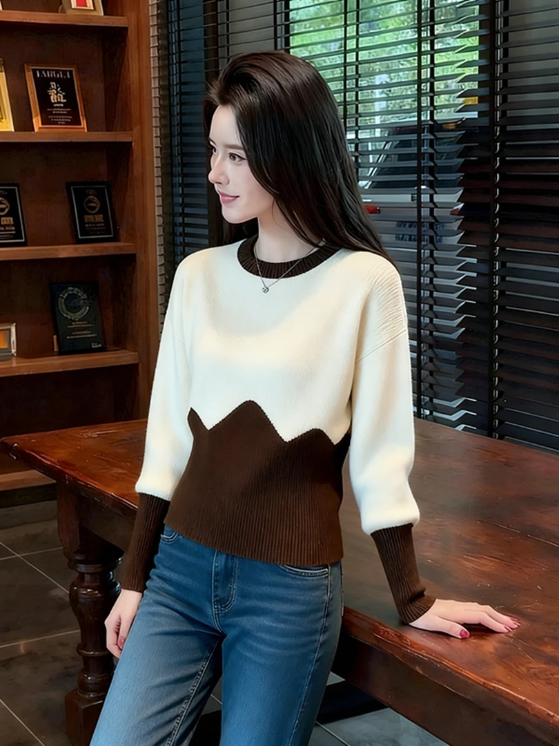 2025冬季奶fufu软糯慵懒风针织上衣韩系高级感米咖撞色拼接毛衣女