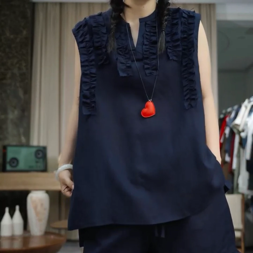 infobyfive2025夏季新款亚麻飞飞袖木耳边V领T恤一店NF0506069