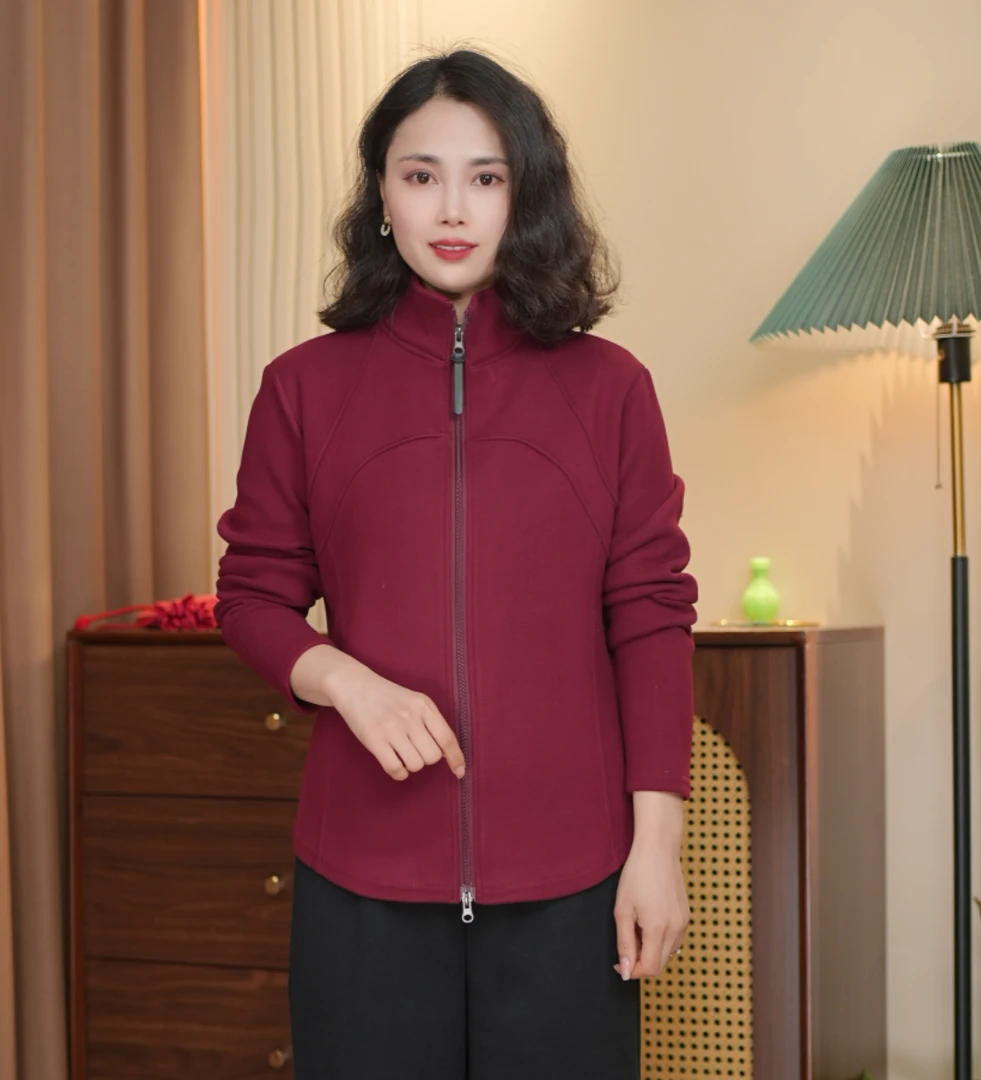 立领拉链外套加绒保暖束身立领女束身纯色短外套冬季保暖运动