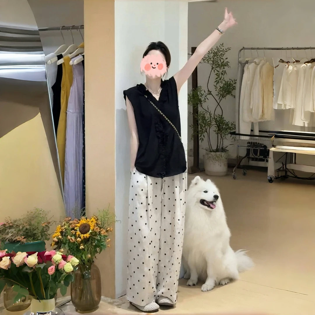 2025新款夏季黑色木耳边V领无袖内搭时尚百搭背心上衣波点裤子女