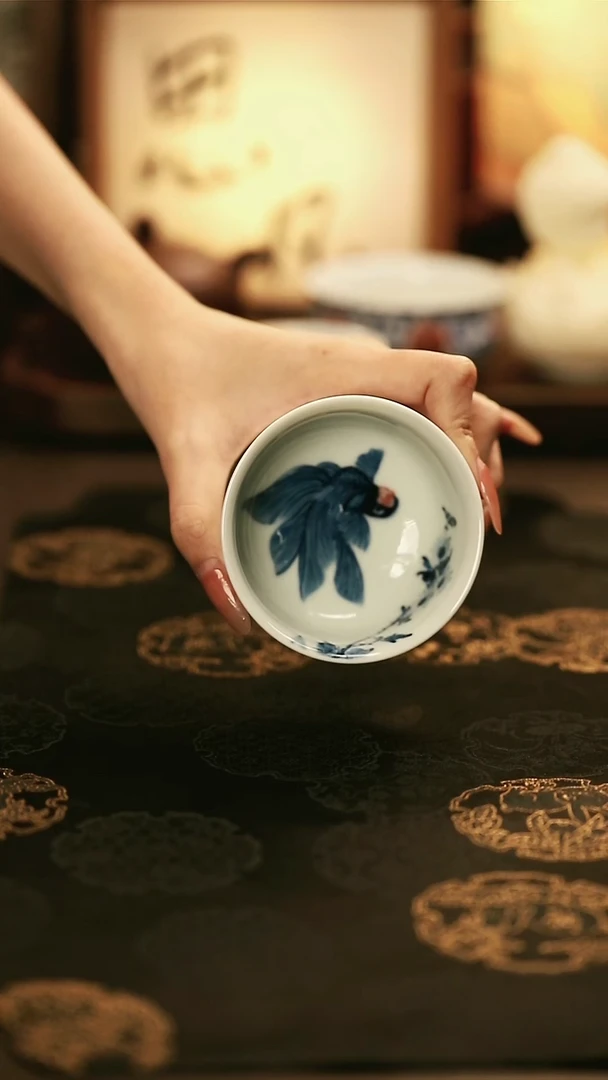 M3512青花釉里红金鱼炉式杯/晓月庐/林月红