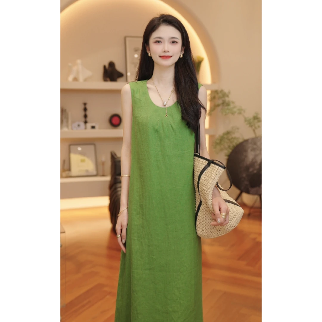 THE MENG【碧水】100亚麻凉感显瘦时尚复古法式连衣裙#M252G0234