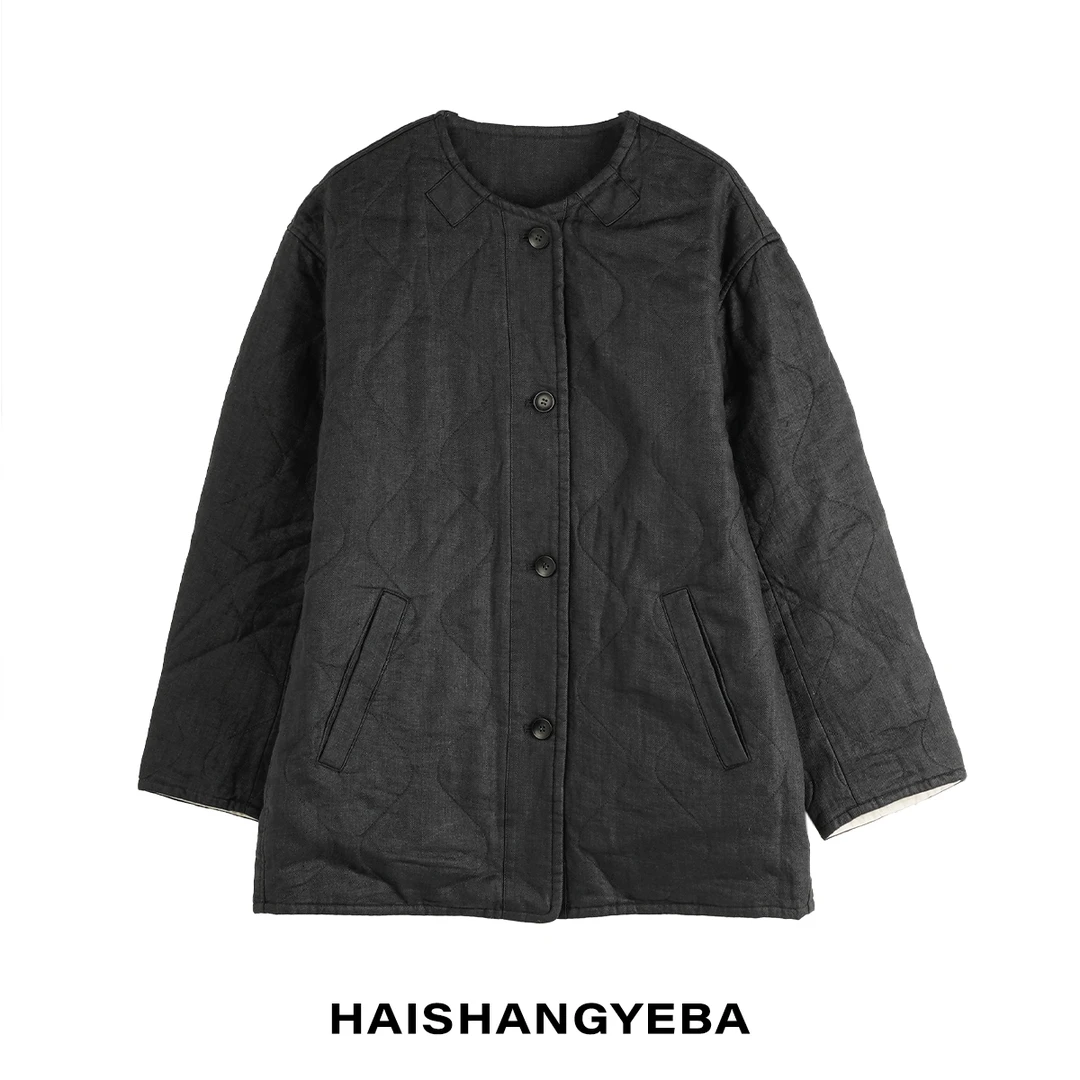【海上叶爸】新款2025秋冬百搭亚麻圆领菱形格单排扣长袖棉服