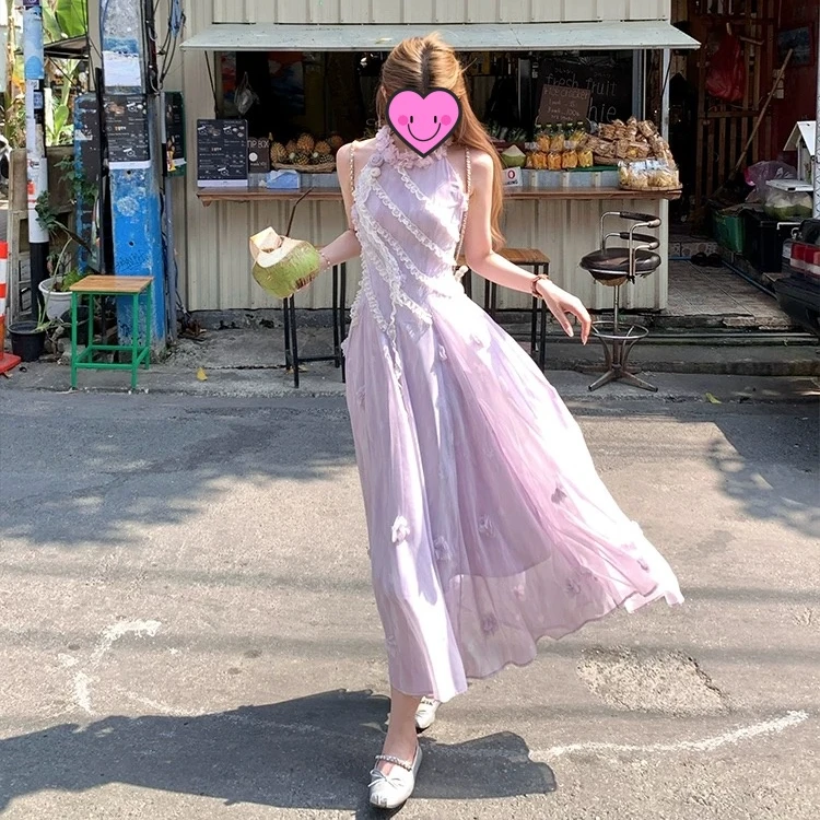 高级海边度假超好看显瘦气质长裙子夏甜美紫色轻奢连衣裙立体