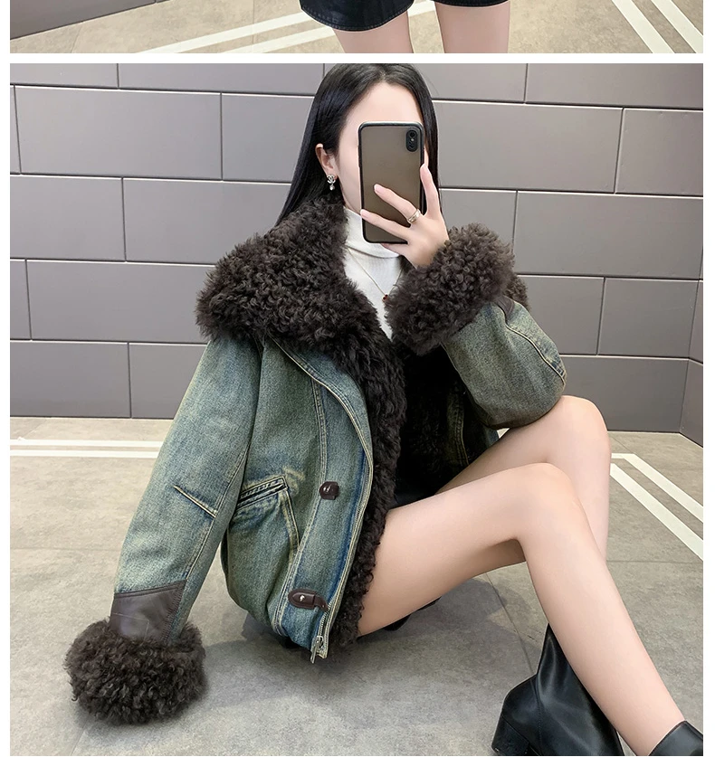 女休闲风牛仔常规款短款落肩袖毛领可拆卸短外套保暖拼接