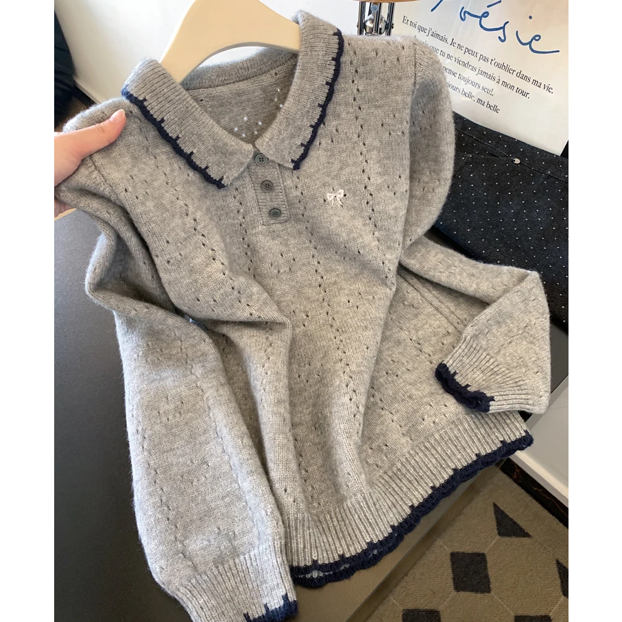 polo翻领镂空刺绣长袖针织衫秋季2025新款大码小个子显瘦减龄毛衣