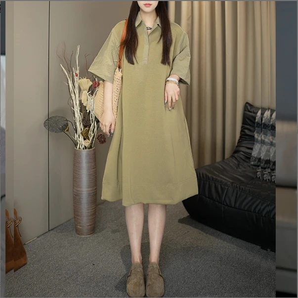 肉肉家 2025夏季新款宽松通勤夏季显瘦大码连衣裙5007