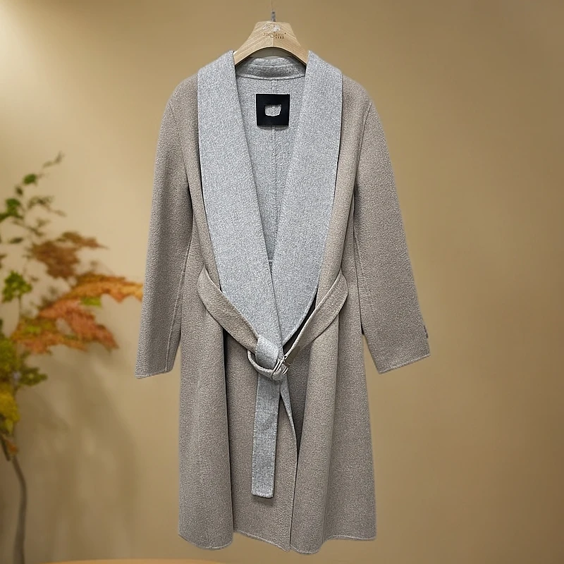 LR166  高端气质撞色青果领系腰带双面羊绒大衣 LWL333D018