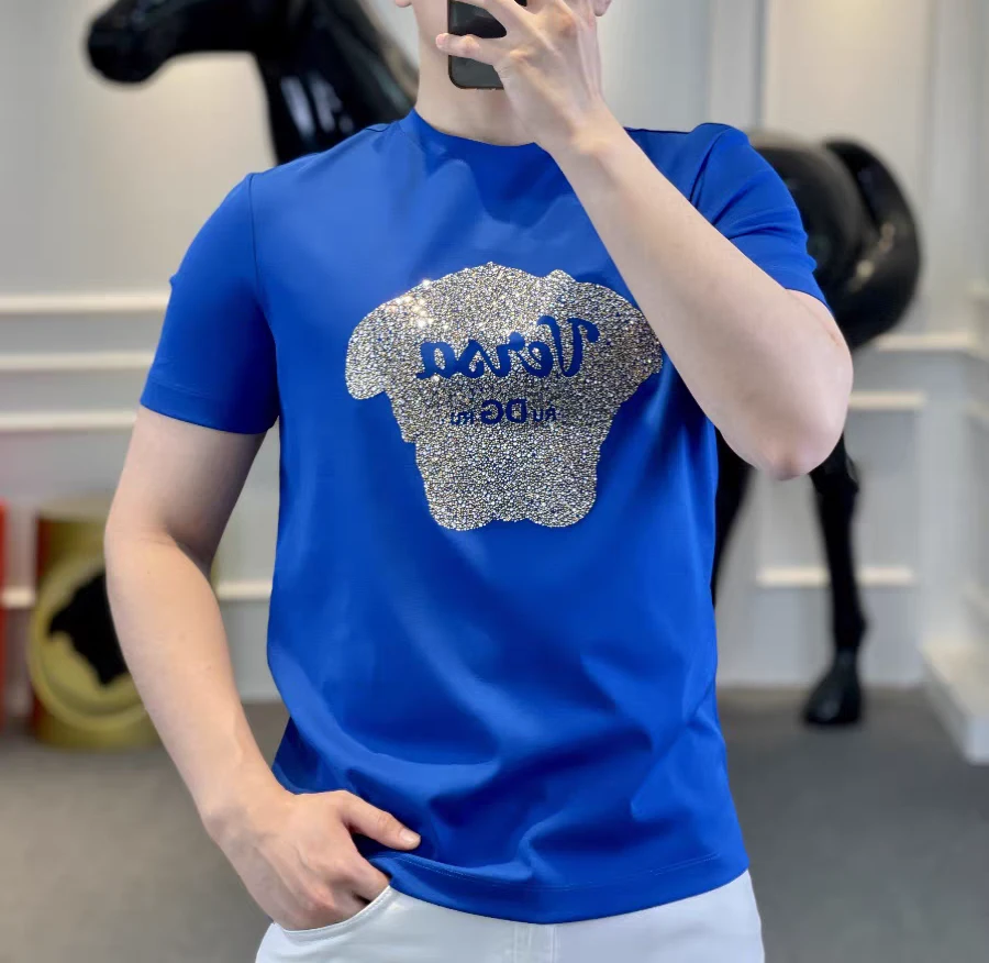 2025夏GD蓝色圆领高品质修身男士潮流个性半袖休闲百搭丝光短袖