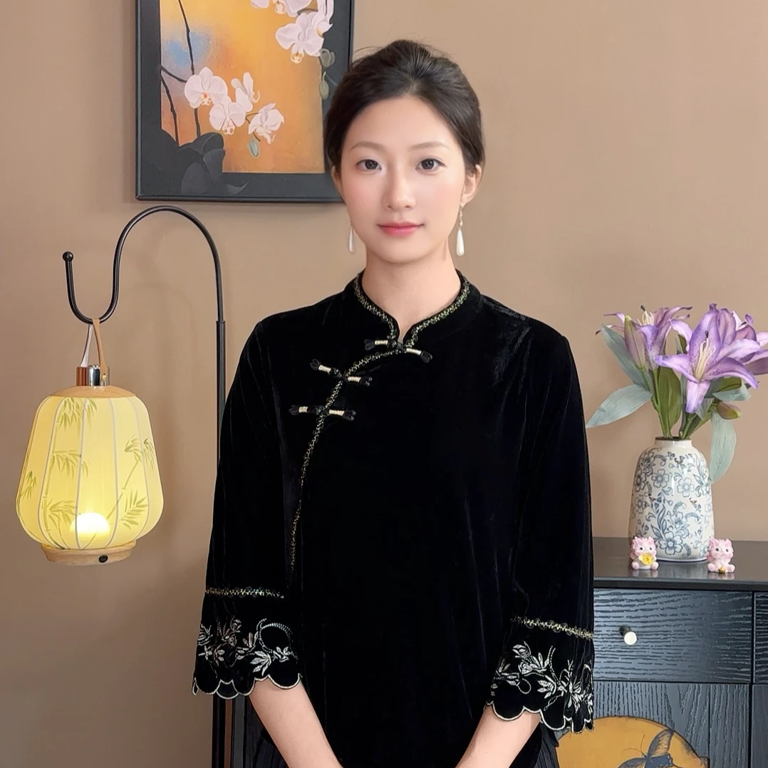 上新8805 秋冬中国风丝绒新款刺绣立领休闲显瘦高级