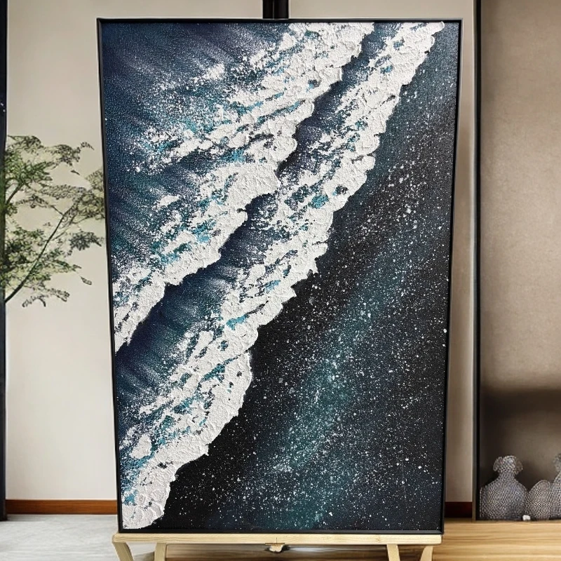 y116简约手工黑白海浪油画黑白风玄关客厅走廊过道装饰装饰画