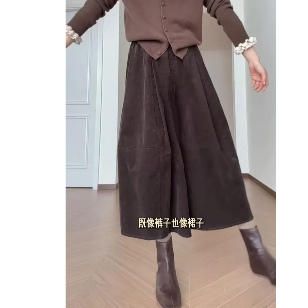 韩系新款高腰裙裤百搭休闲裤奶奶裤女复古灯芯绒显瘦阔腿裤八分裤