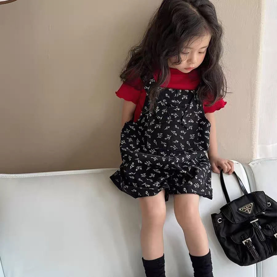 2025亲子款女童樱桃背带裤+红T套装夏季洋气网红韩版时尚休闲女宝