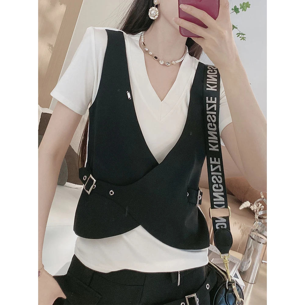 2025时尚休闲气质设计款休闲百搭假两件百搭圆领T恤女士短袖衫