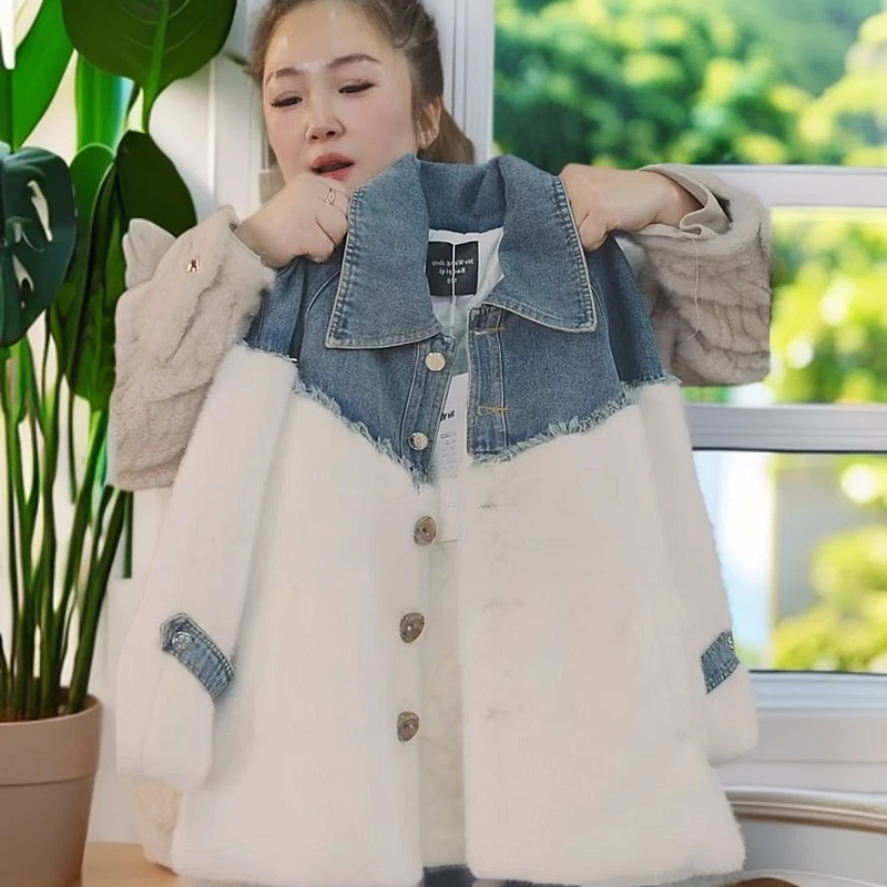 412221《现》精选韩版冬季百搭舒适牛仔拼接毛毛外套