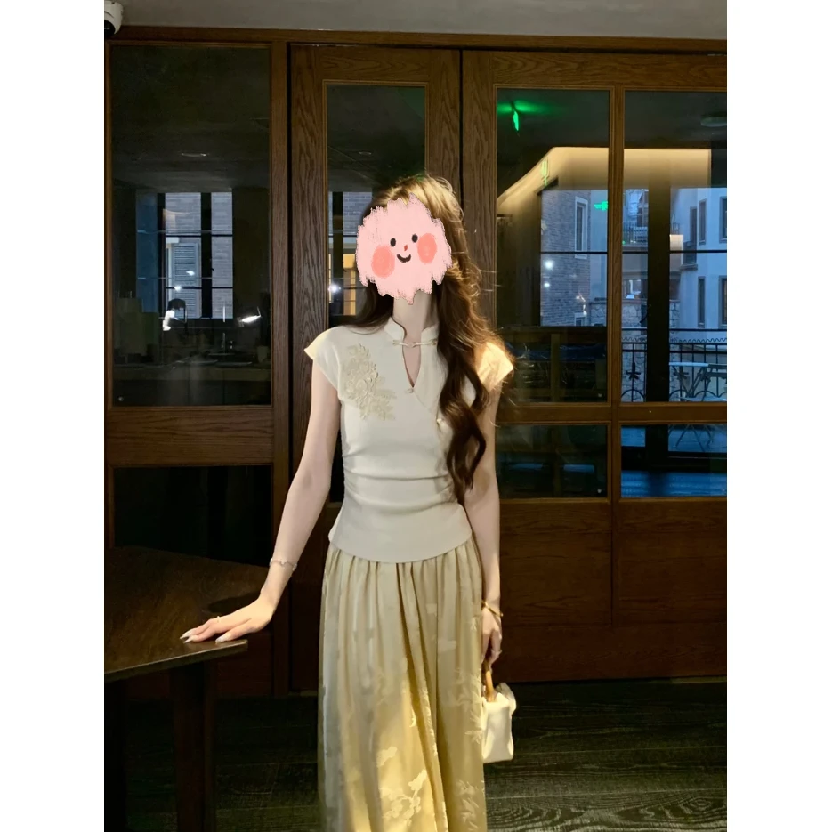 【星离雨散】新中式气质小飞袖条纹针织上衣搭配垂感半身裙两件套女