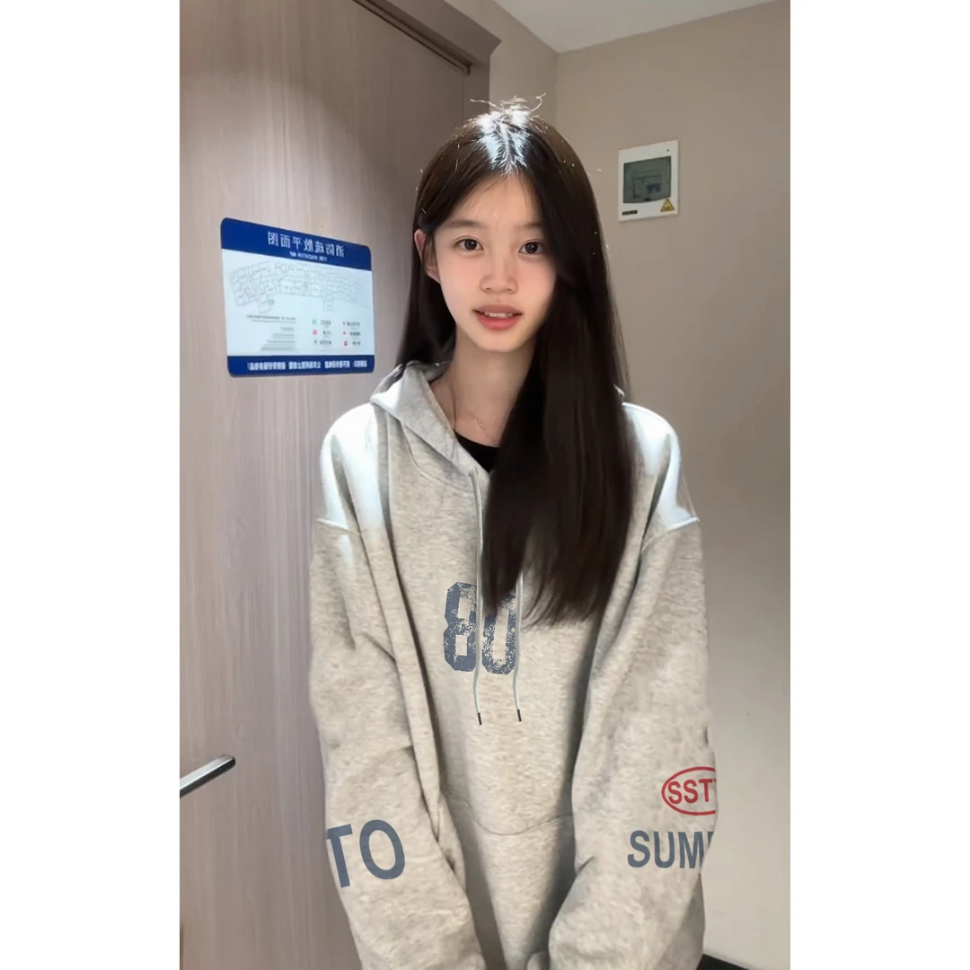 YWBY美式高街设计感印花连帽卫衣男女春秋新款情侣款休闲上衣服