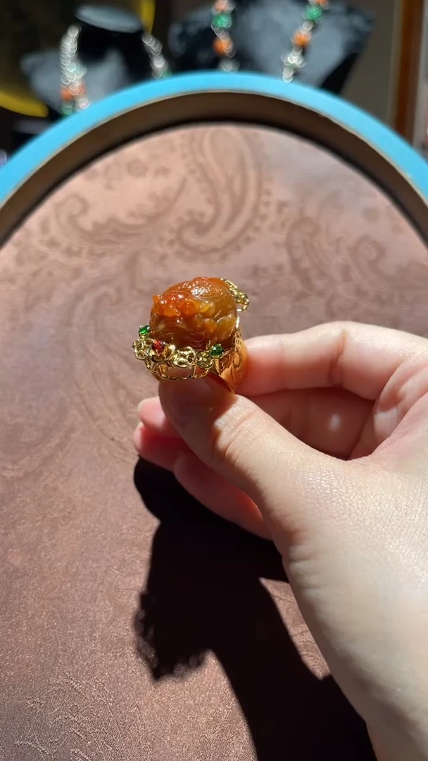 翡翠戒指银S925镀金镶嵌红翡绿翠